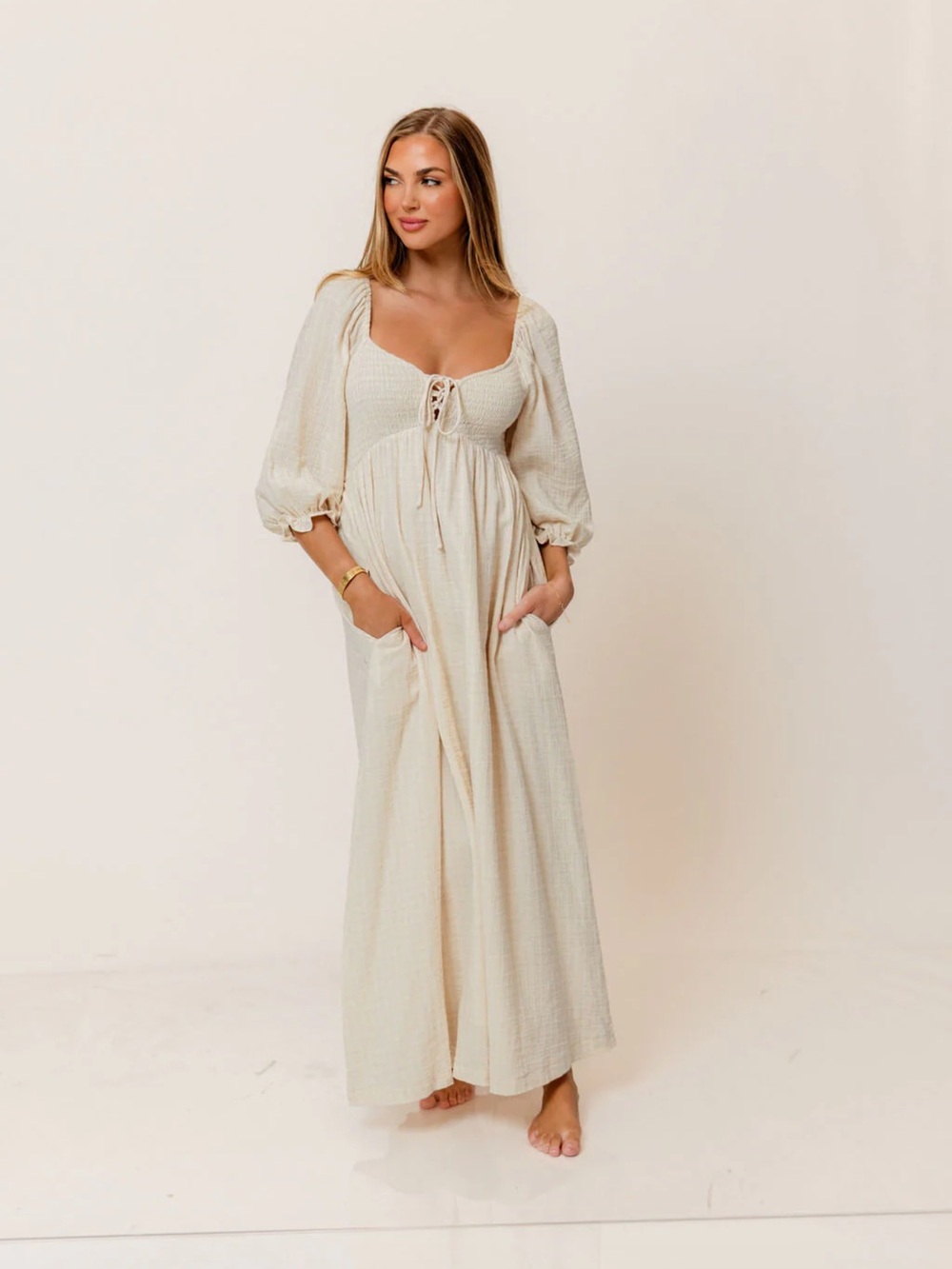 Cecilia 100% Cotton Smocked Maxi Dress in Muted Pale Pink Plaid (Lined)